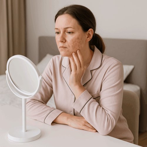 mulher de 40 anos de cabelos escuros presos com acne na face,