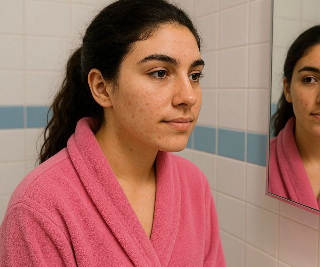 mulher jovem de cabelos escuros e compridos, amarrados em um rabo, usando um robe rosa. ela tem acne leve na face e está se olhando no espelho de um banheiro.